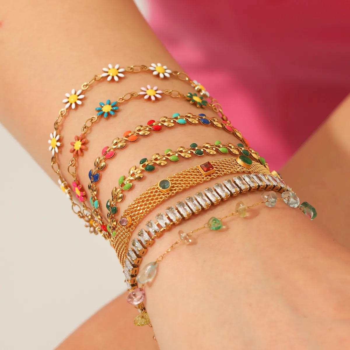 Edelstahl Armband Emaille Gänseblümchen Buntes Blatt Zirkon Naturstein Perle Böhmischer Modeschmuck Für Frauen