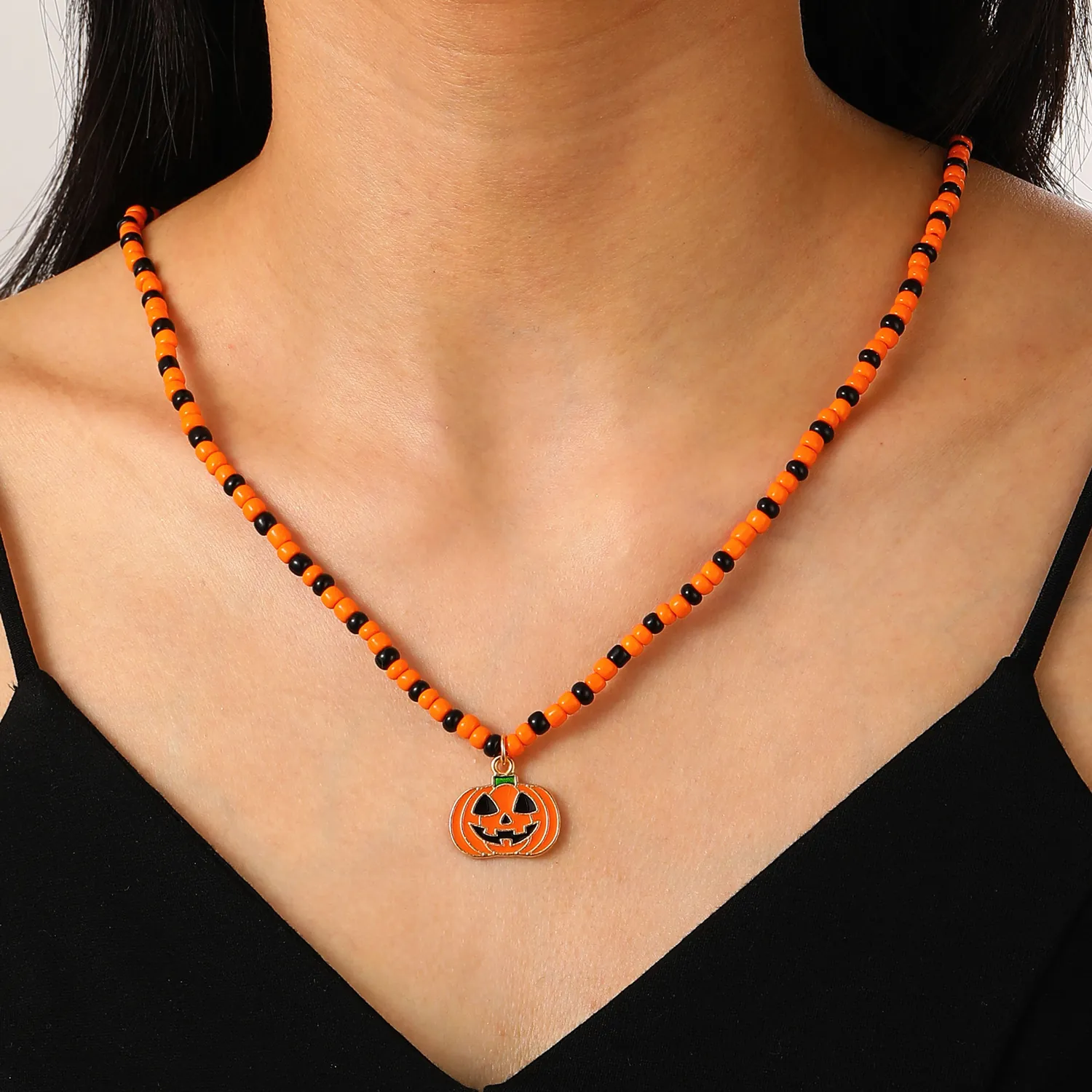 Collar y Pulsera de Cuentas de Halloween Aleación Calabaza Calavera Murciélago Colgante Naranja Negro Cuentas Joyería Gótica