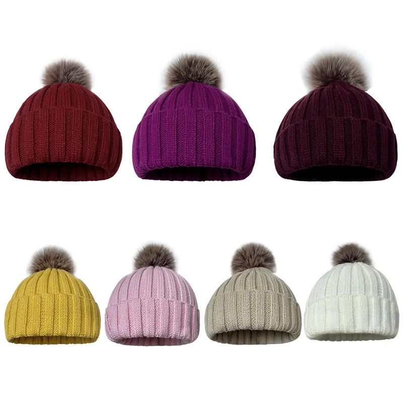 Winter Strickmütze Beanie Mit Bommel Fleecegefüttert Warm Dick Gerippt Einfarbig Umschlagmütze Für Damen Herren