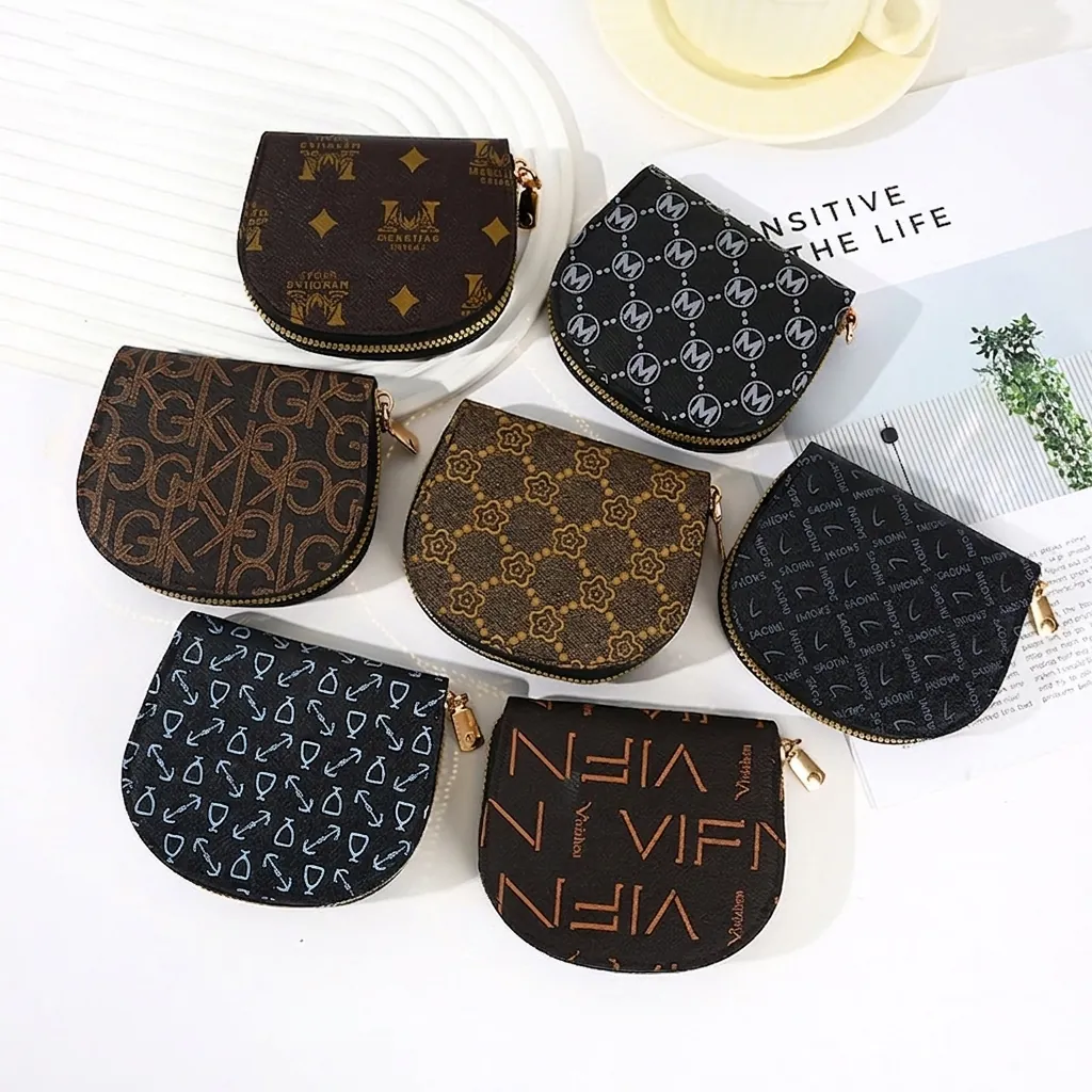 Porte Monnaie Femme Mode En Cuir PU Forme Coquille Fermeture Éclair Mini Portefeuille Avec Imprimé Vintage Monogramme Pochette