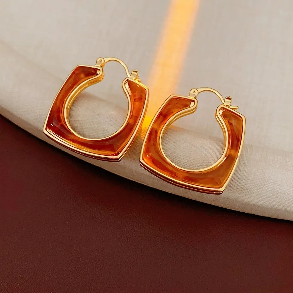 Orecchini A Cerchio Quadrati Vintage Con Resina Ambra Rame Placcato Oro E Perno In Argento Per Donna
