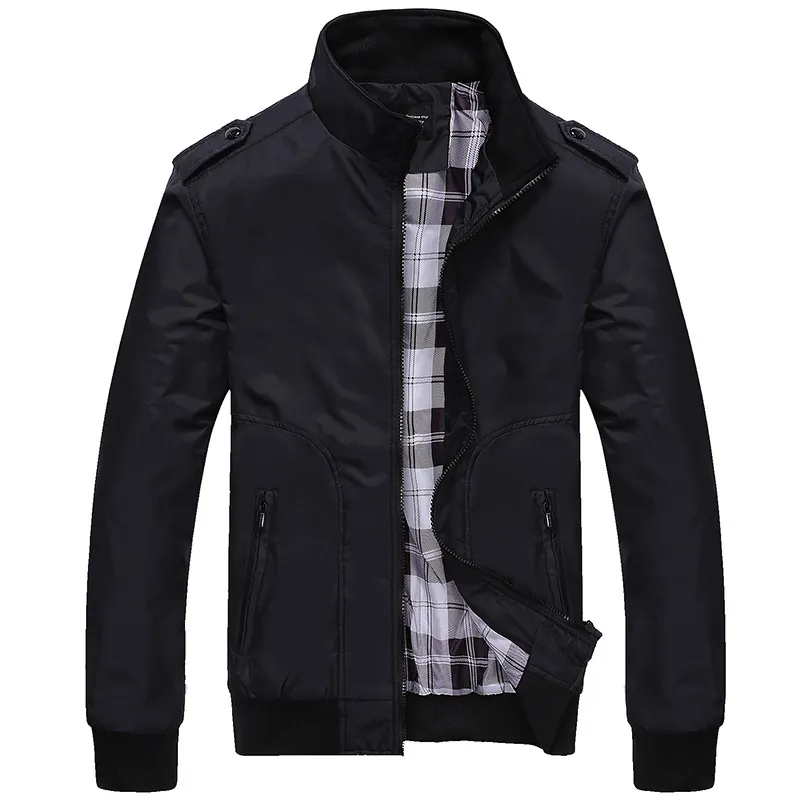 Men Casual Windproof Stand Collar Jacket Polyester Outerwear Grid Lining Shoulder Straps Ribbed Cuffs Business Daily Coat
