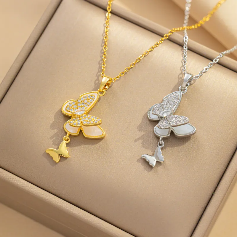 Butterfly Pendant Necklace Stainless Steel Mother Of Artificial Pearl Rhinestone Elegant Double Butterfly Jewelry For Women