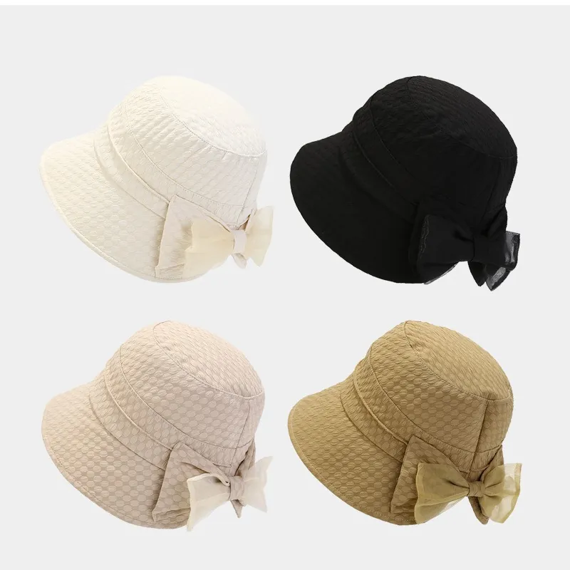 Bucket Hat Women Polyester Embossed Texture Organza Bow Sun Protection Breathable Foldable Beach Travel Elegant Hat