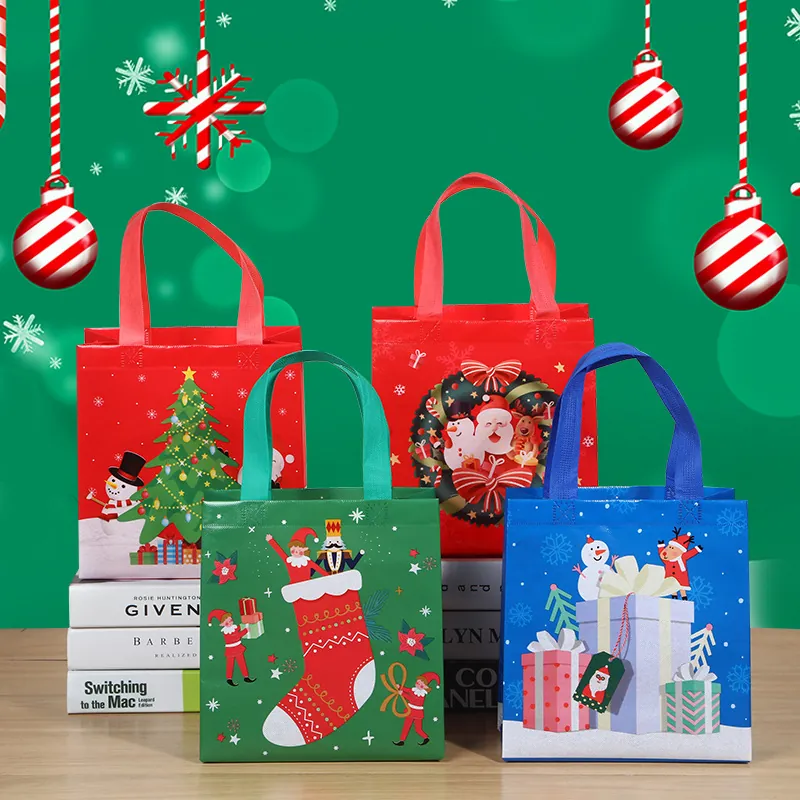 Christmas Gift Bags Laminated Nonwoven Tote With Handles Reusable Santa Snowman Reindeer Holiday Party Favors Shopping Storage