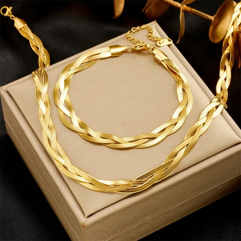 Braided Flat Herringbone Chain Necklace Bracelet Jewelry Titanium Steel Snake Bone Woven Luxury Vintage Women