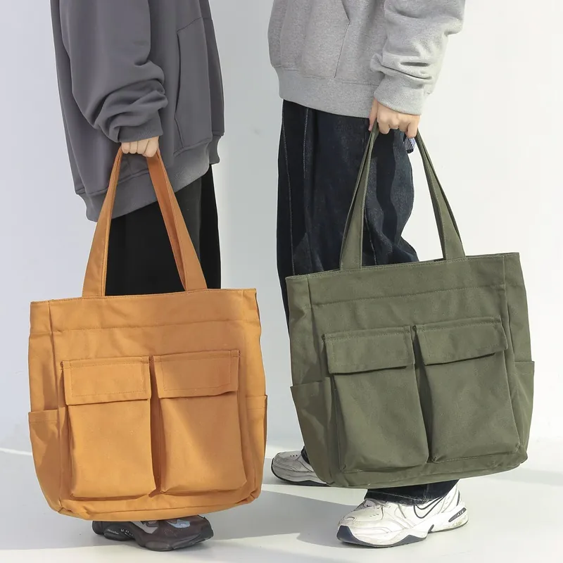 Large Capacity Canvas Tote Bag Retro Workwear Style Multi Pockets Shoulder Handbag Vintage Casual Travel Unisex