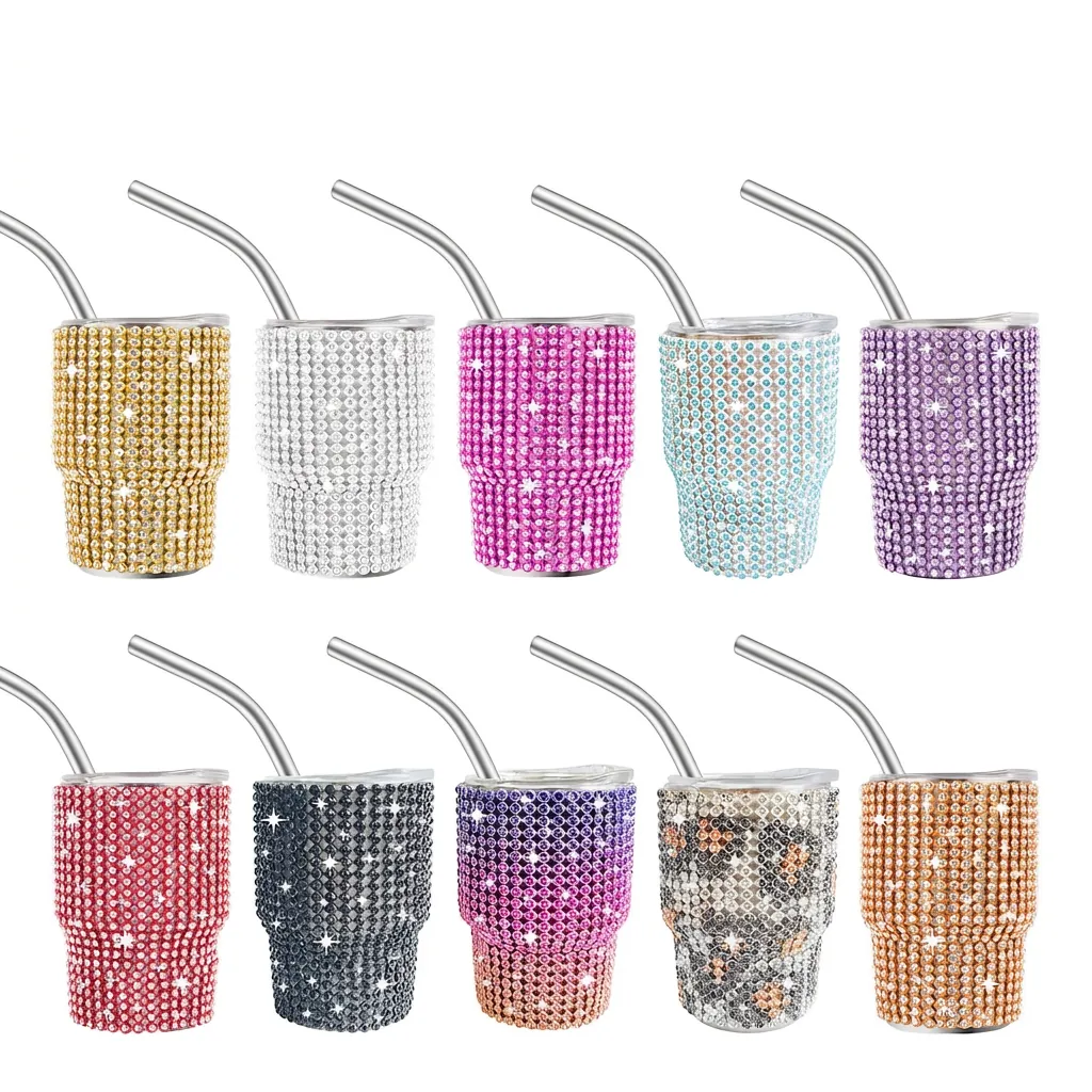 Mini Rhinestone Tumbler Stainless Steel Vacuum Insulated Shot Glass With Straw And Lid Portable Bling Sparkling Cup