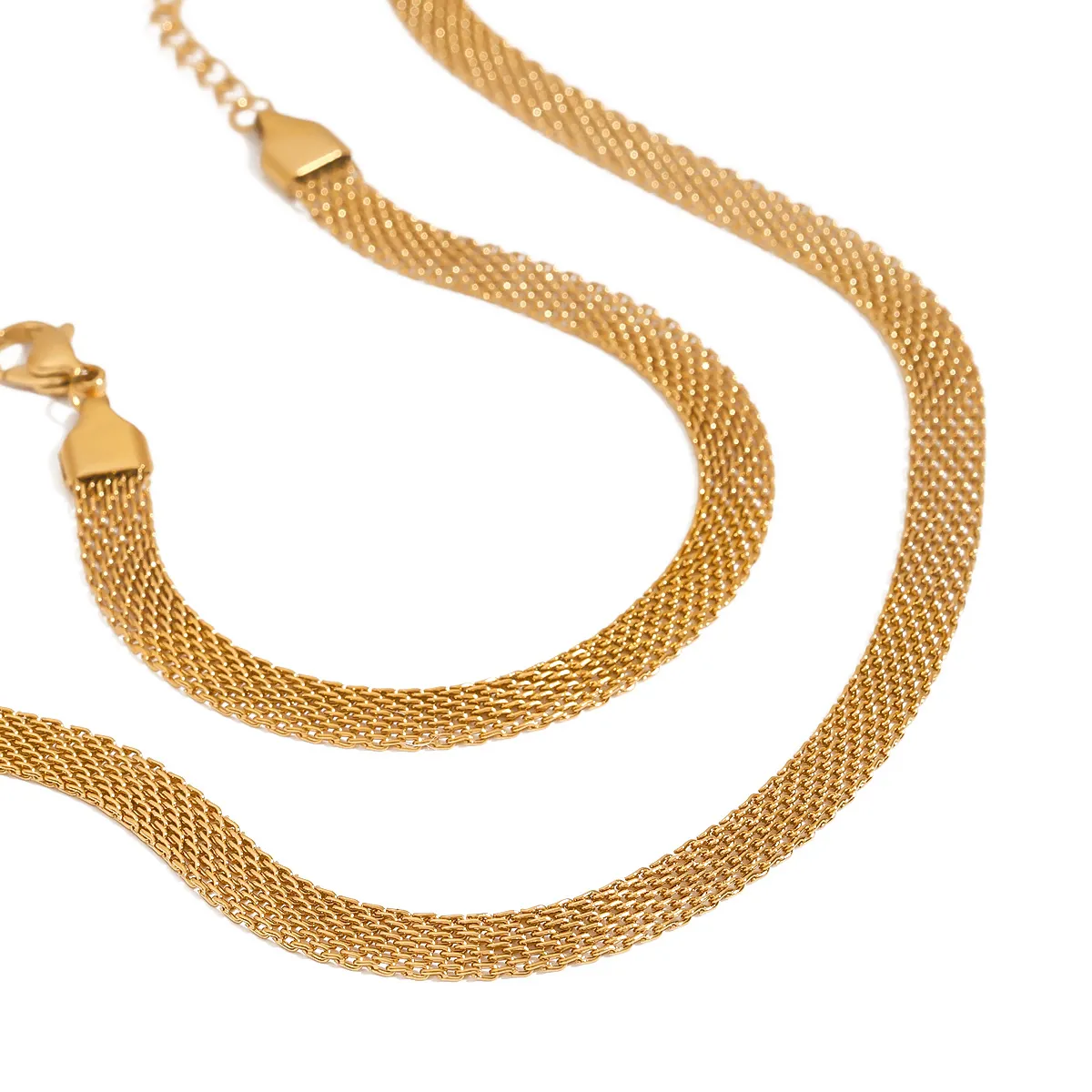 Mesh Chain Necklace And Bracelet For Women Stainless Steel 18K Gold Plated Waterproof Hypoallergenic Jewelry Minimalist Modern