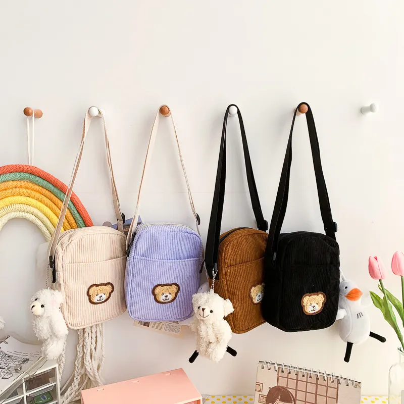 Cute Bear Embroidery Corduroy Crossbody Bag For Women Girls Mini Mobile Phone Purse Kawaii Zipper Shoulder Handbag