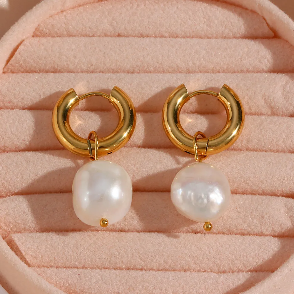 Boucles D'oreilles En Acier Inoxydable Plaqué Or 18K Pendentif Künstliche Perle Baroque D'eau Douce Bijoux Rétro Français Élégants