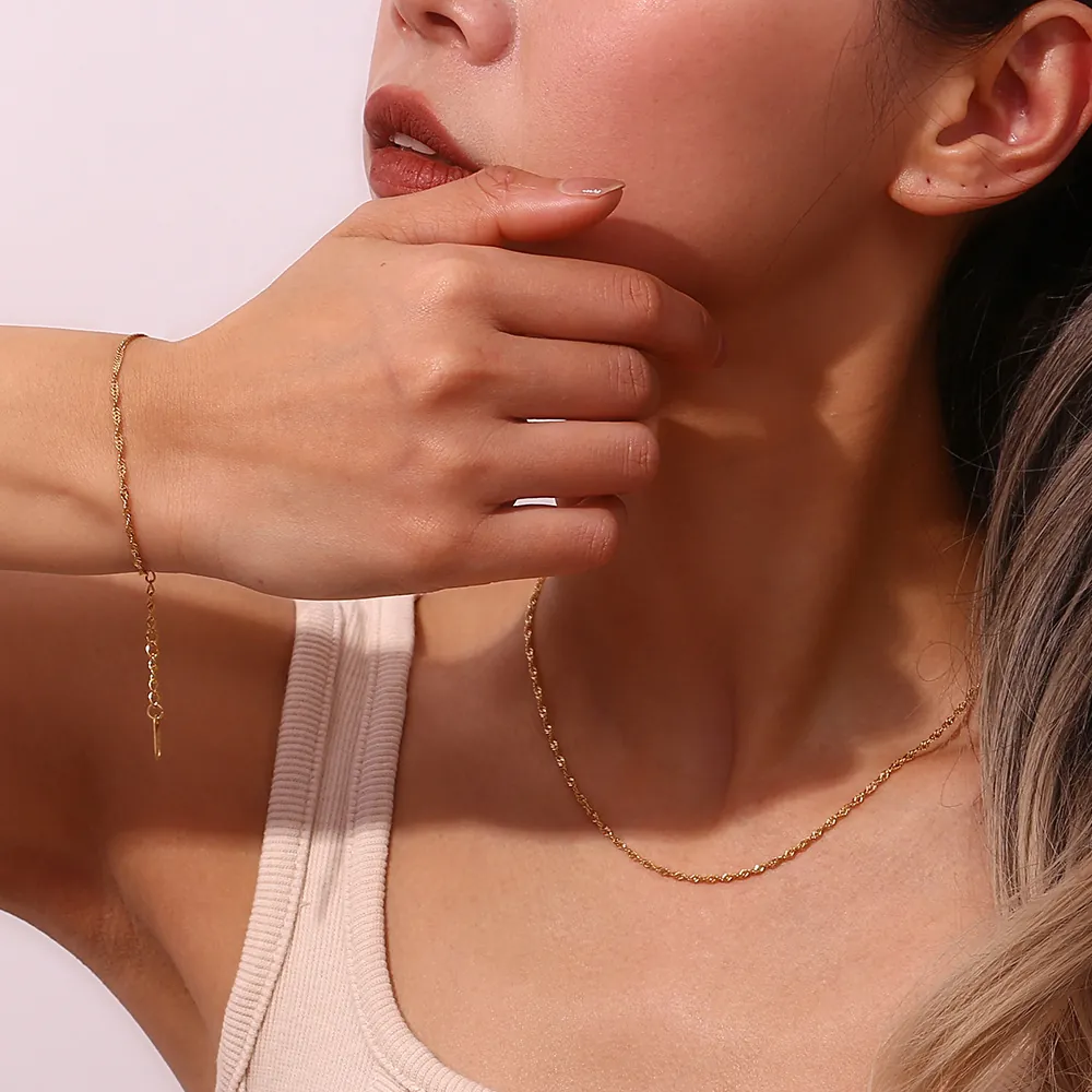 Set Di Gioielli Minimalista Donna Placcato Oro Acciaio Inossidabile Catena A Onde Collana Bracciale Impermeabile Anallergico