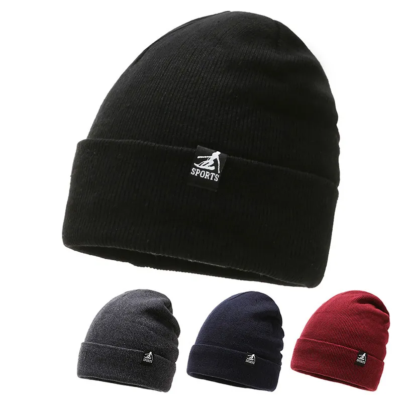 Bonnet en Tricot Chaud d'Hiver pour Hommes Femmes Bonnet en Polyester Épais avec Patch de Sport Couvre-chef Temps Froid