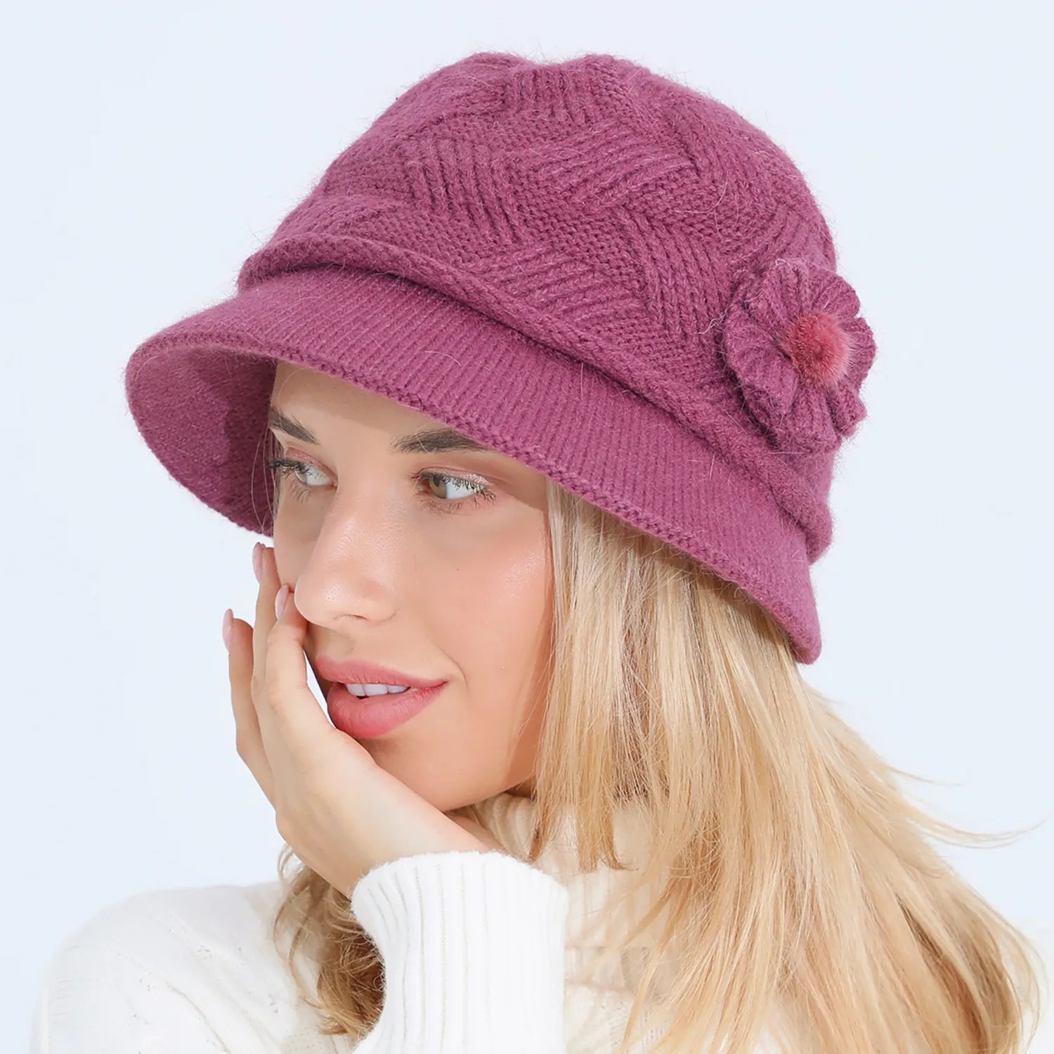Women Knitted Cloche Hat Acrylic Rabbit Hair Blend Flower Decor Pompom Winter Warm Windproof Elegant Vintage Headwear