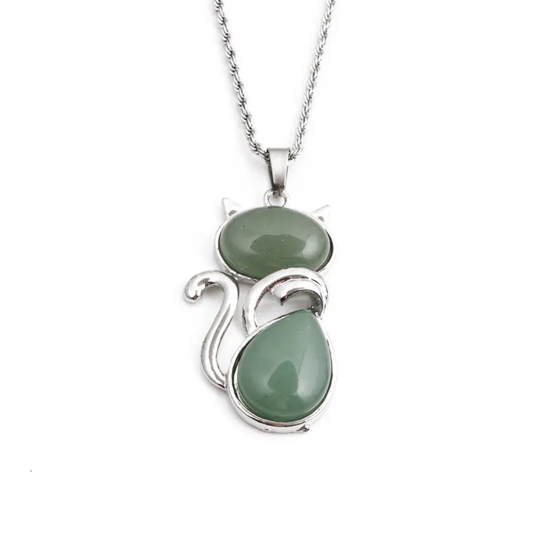Fashion Stainless Steel Cat Pendant Necklace Natural Stone Tiger Eye Amethyst Opal Animal Gemstone Necklace For Women Men Jewelry