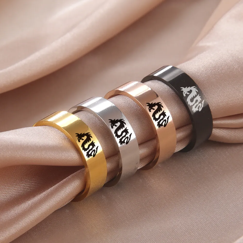 Anello Con Motivo A Drago In Acciaio Inossidabile Inciso Totem Punk Vintage Moda Gioielli Accessori Per Uomo Unisex Regalo