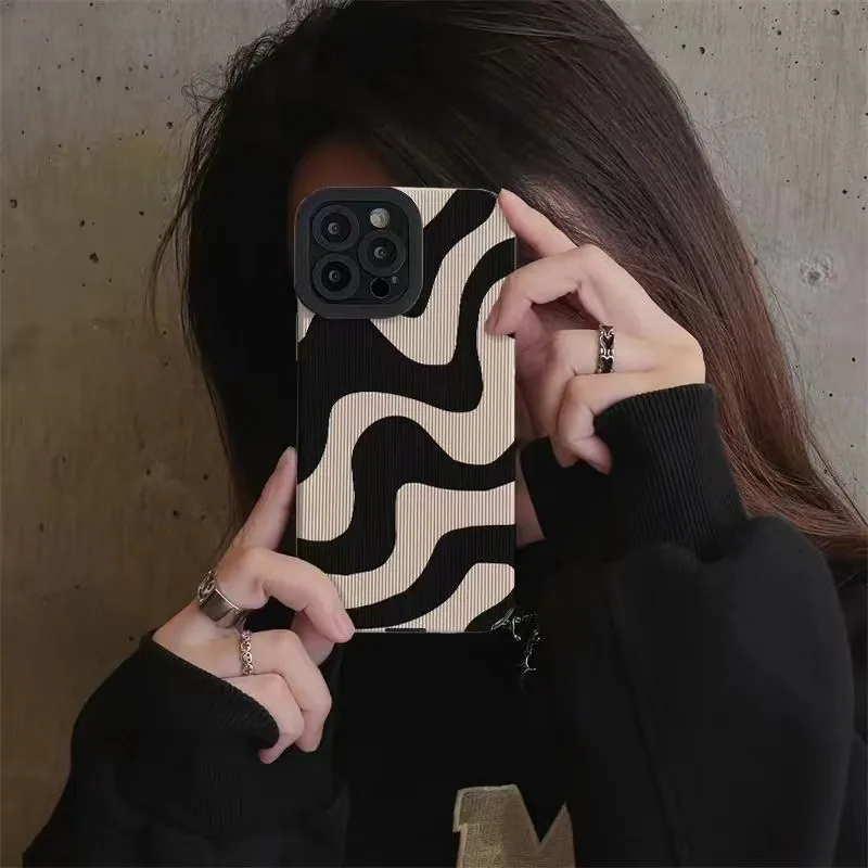 Zebra Stripe Wave Pattern Phone Case Faux Leather Soft Shockproof Minimalist For IPhone
