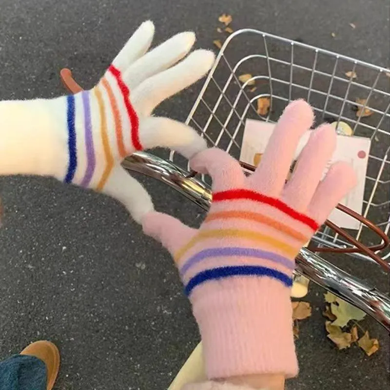Rainbow Striped Knitted Gloves Touchscreen Compatible Warm Winter Plush Soft Outdoor Fashion For Women