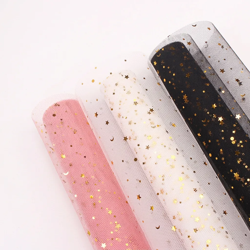 Bronzing Star Moon Tulle Mesh Fabric Roll For Flower Bouquet Wrapping DIY Crafts Gift Packaging Transparent Romantic