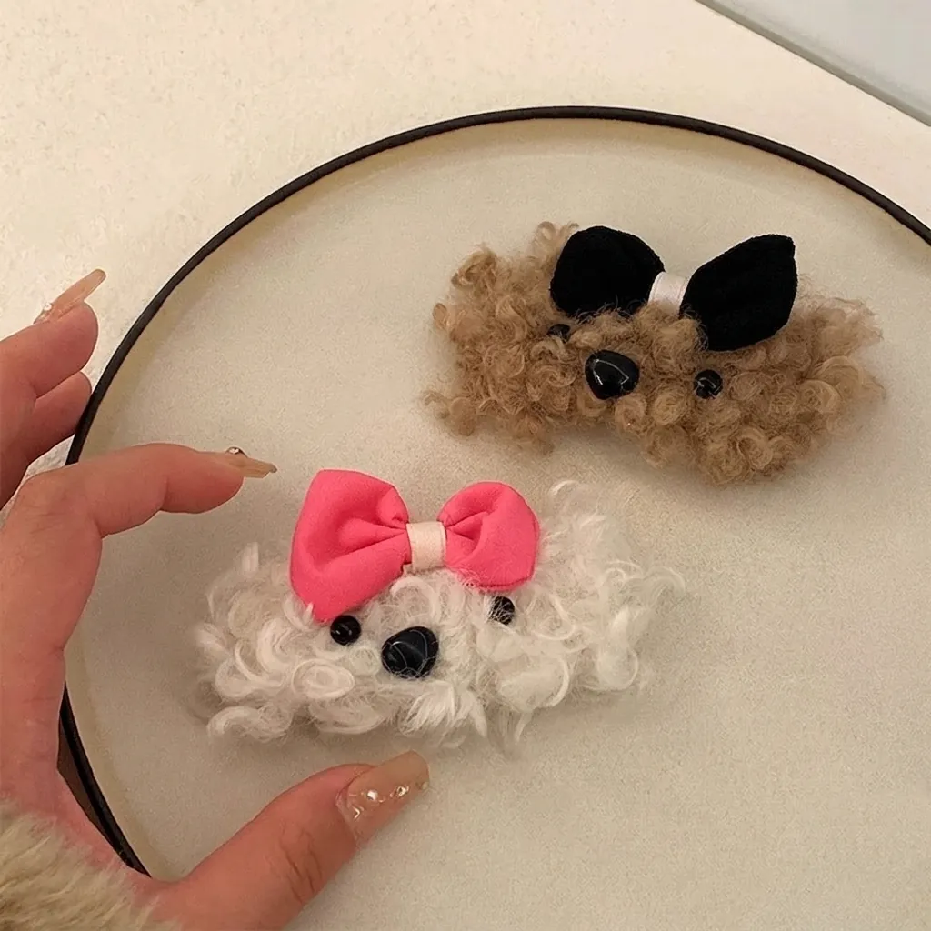 Cute Plush Puppy Dog Hair Clip Faux Lamb Wool Bowknot BB Clip Sweet Hairpin For Women Girls Autumn Winter Accessories