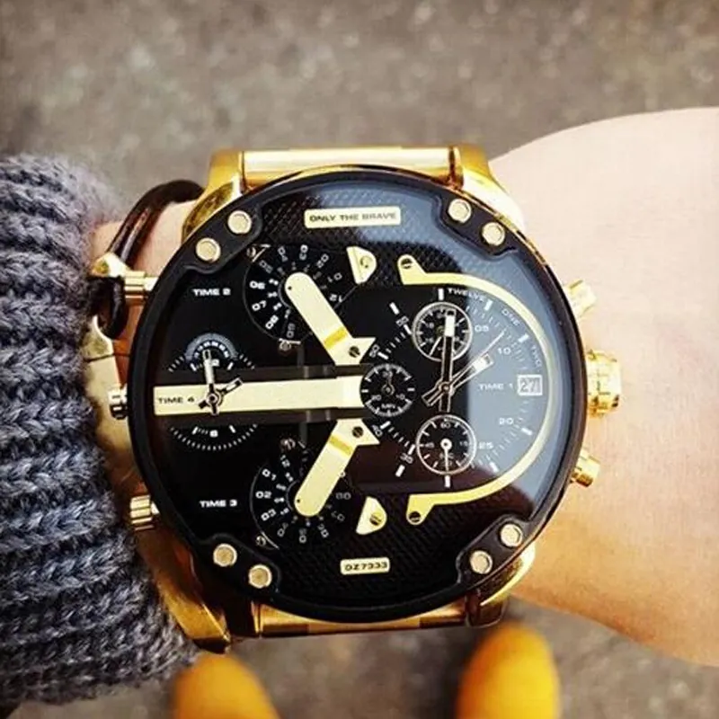 Men Multi Time Zone Watch Large Dial Stainless Steel Band Quartz Industrial Style Date Fashion Wristwatch Water Resistant