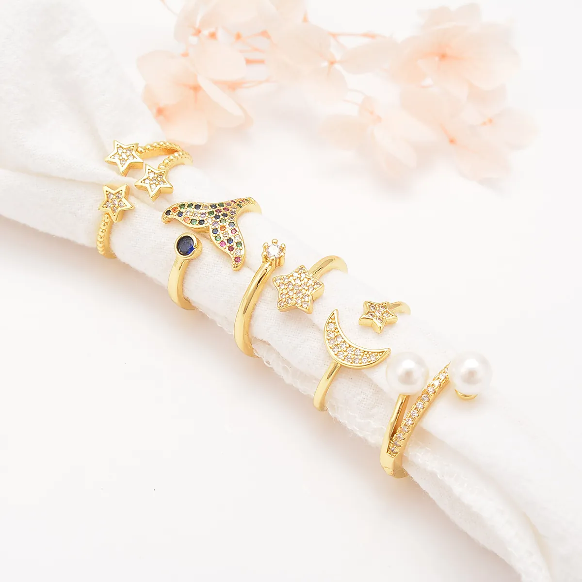 Fashion Copper Adjustable Open Rings With Zircon Star Moon Fishtail And Artificial Pearls Gold Plated Light Luxury Jewelry For Women