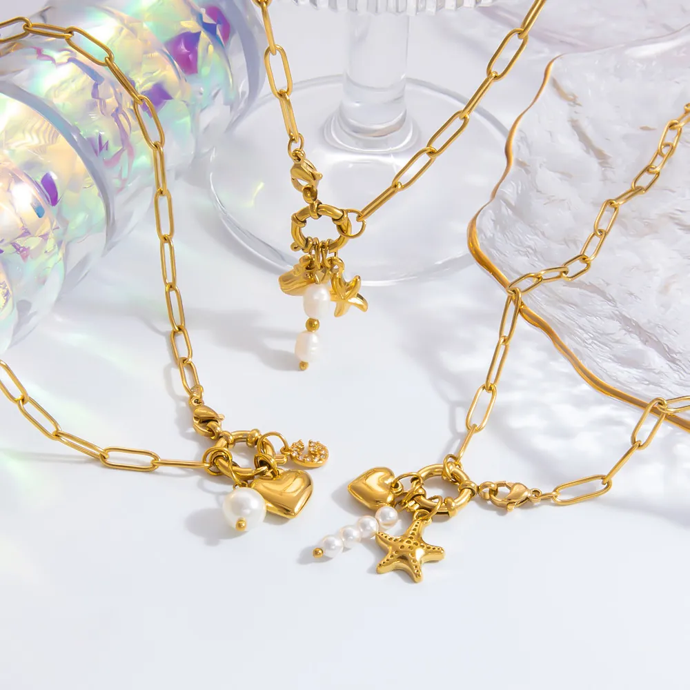18K Gold Plated Stainless Steel Pendant Necklace With Artificial Pearl Heart Star Charms Bohemia Vintage Fashion For Women