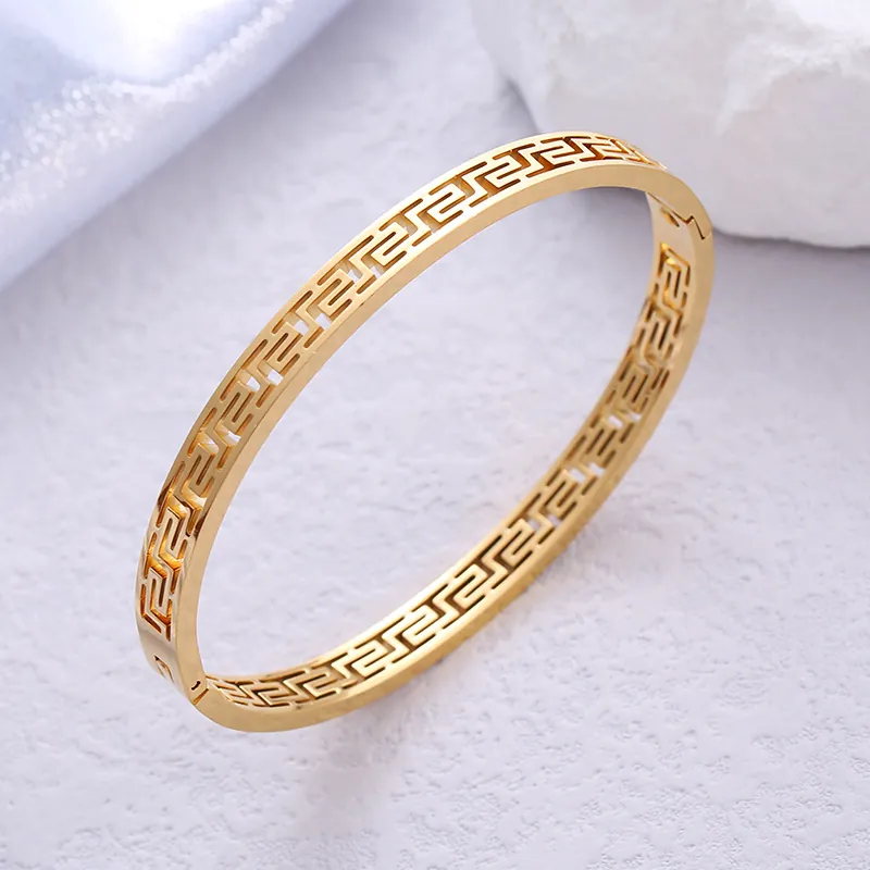 Bangle Armband Roestvrij Staal Opengewerkt Meander Grieks Patroon Ovaal Open Gepolijst Mode-Sieraden Dames