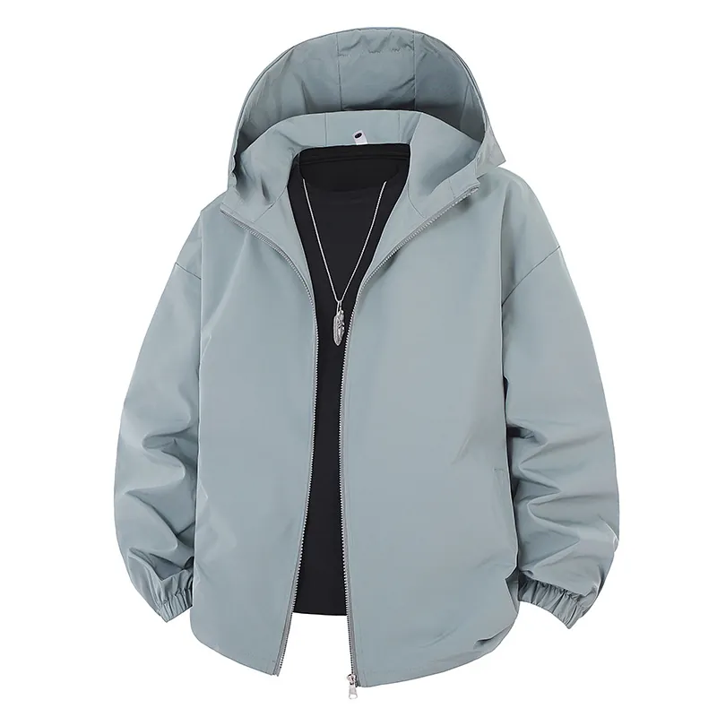 Men Hooded Windbreaker Jacket Lightweight Solid Color Windproof Casual Outdoor Outerwear Zip Up Coat