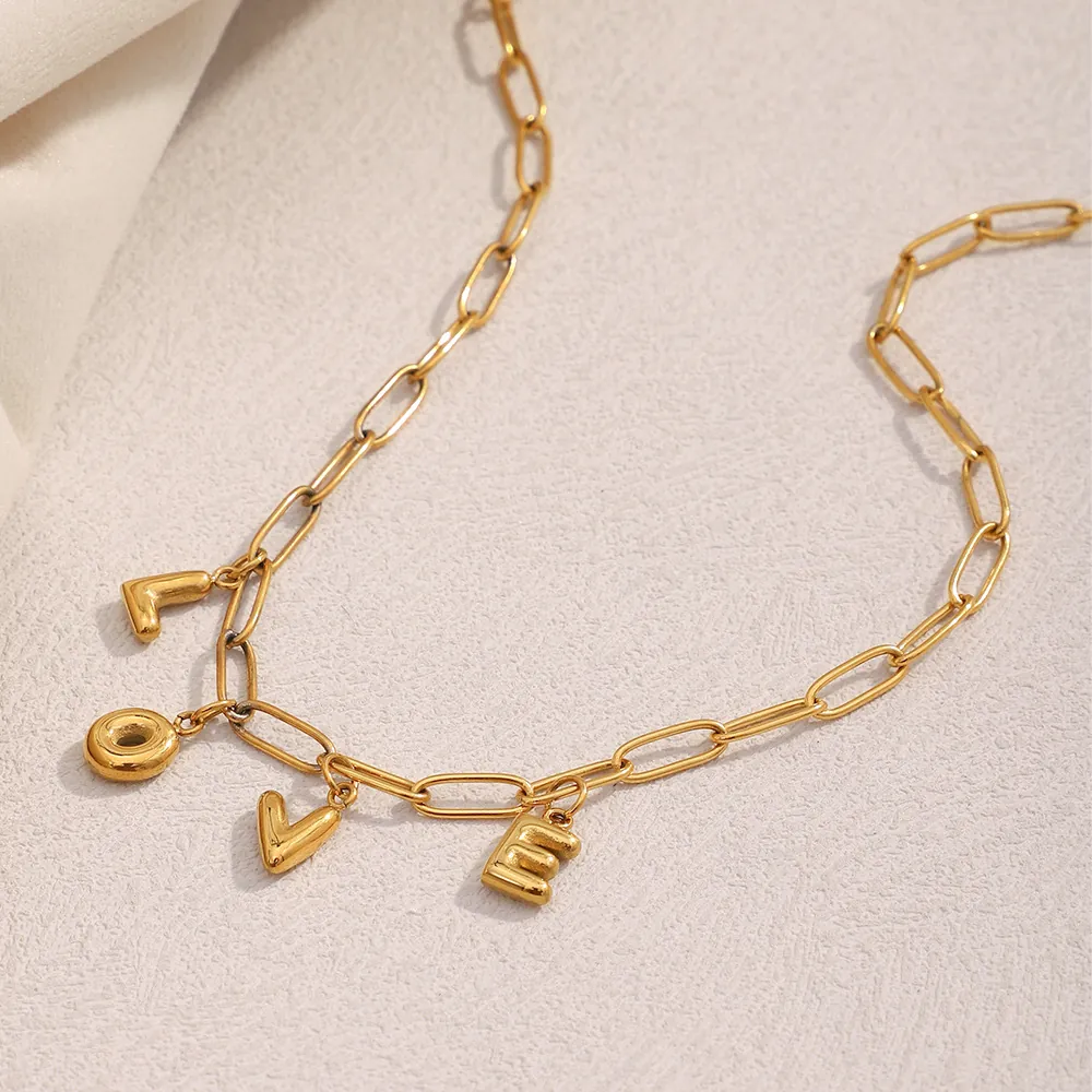 LOVE Letter Pendant Necklace 18K Gold Plated Stainless Steel Paperclip Chain Fashionable Daily Jewelry For Women
