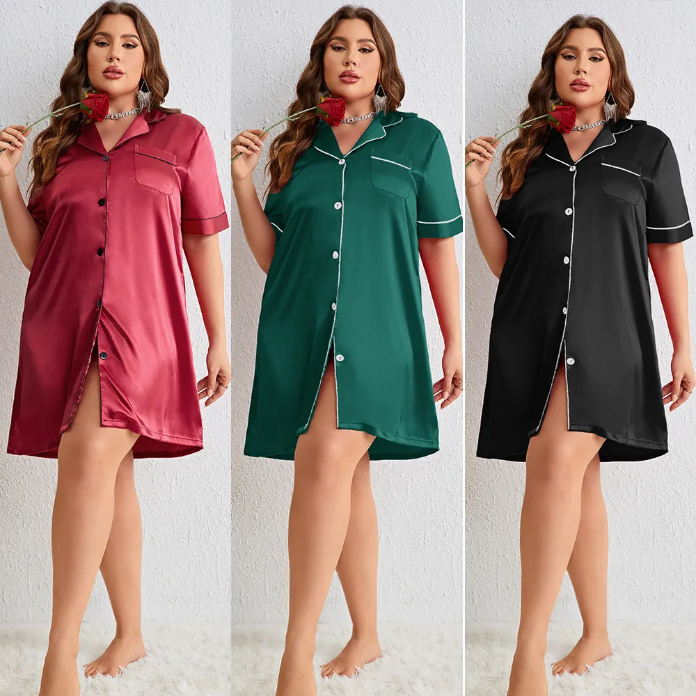 Camicia Da Notte In Raso Taglie Forti Donna Manica Corta Bottoni Pigiama In Raso Bordino A Contrasto
