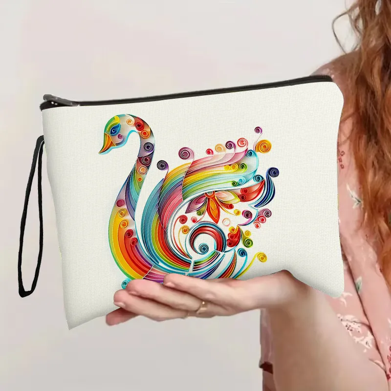 Colorful Swan Print Makeup Bag Fine Linen Cosmetic Pouch With Zipper And Wrist Strap Portable Travel Toiletry Storage Organizer