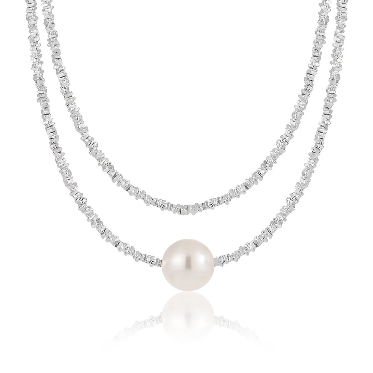 925 Sterling Silver Artificial Pearl Necklace For Women Minimalist Crushed Silver Bead Chain Elegant Jewelry Gift