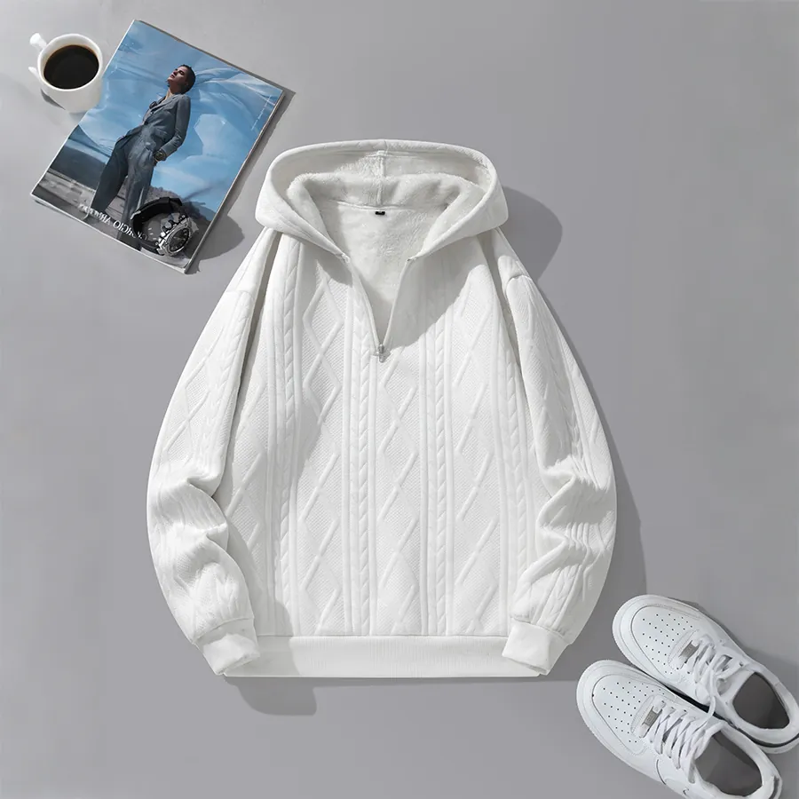 Herren Quarter-Zip Hoodie Fleece Gefüttert Jacquard Sweatshirt Langarm Dick Warm Casual Solid Pullover Herbst Winter