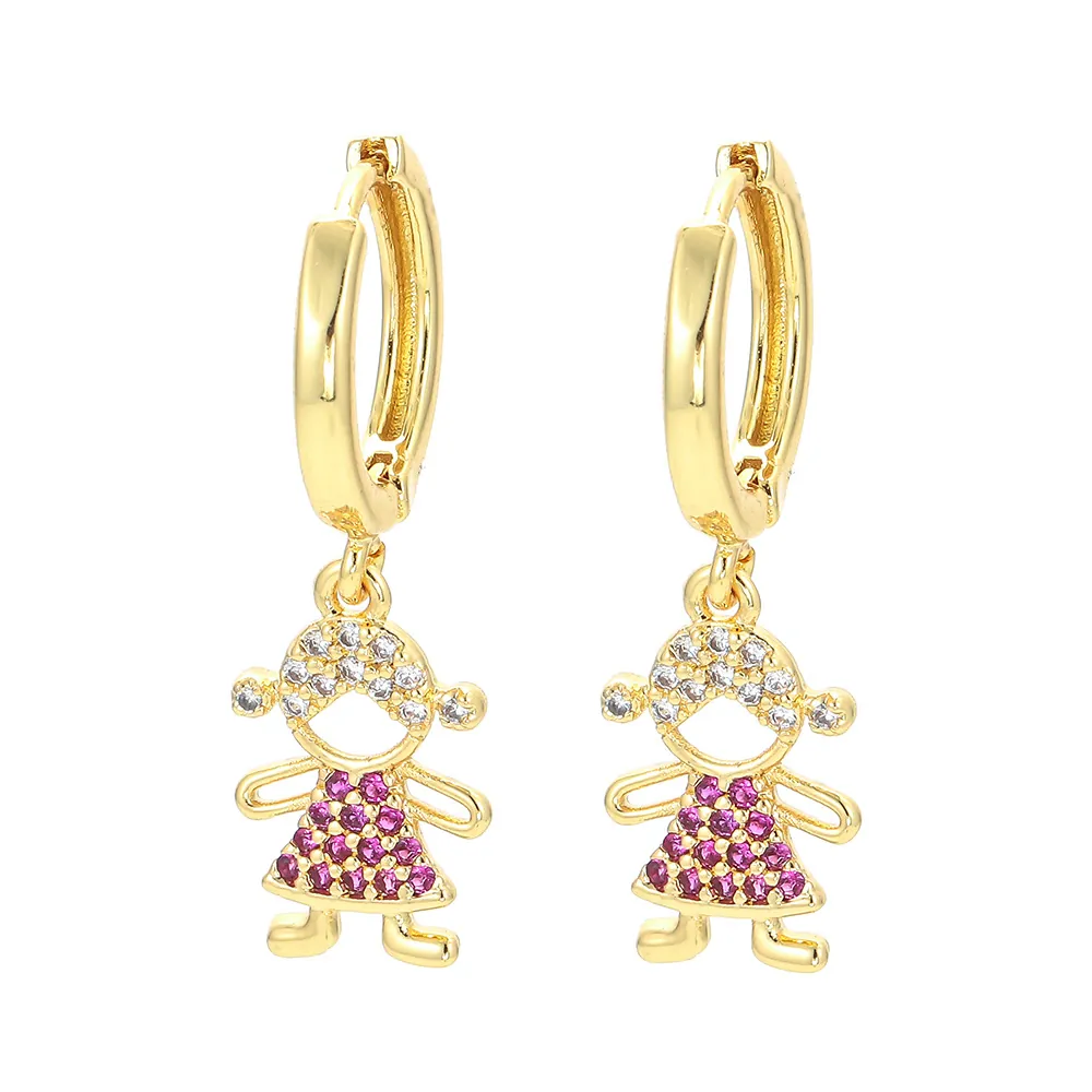 Orecchini a Goccia in Rame e Zirconia Stile Occidentale Ragazzo Ragazza Placcati Oro Argento Figura Cartoon Gioielli per Donna