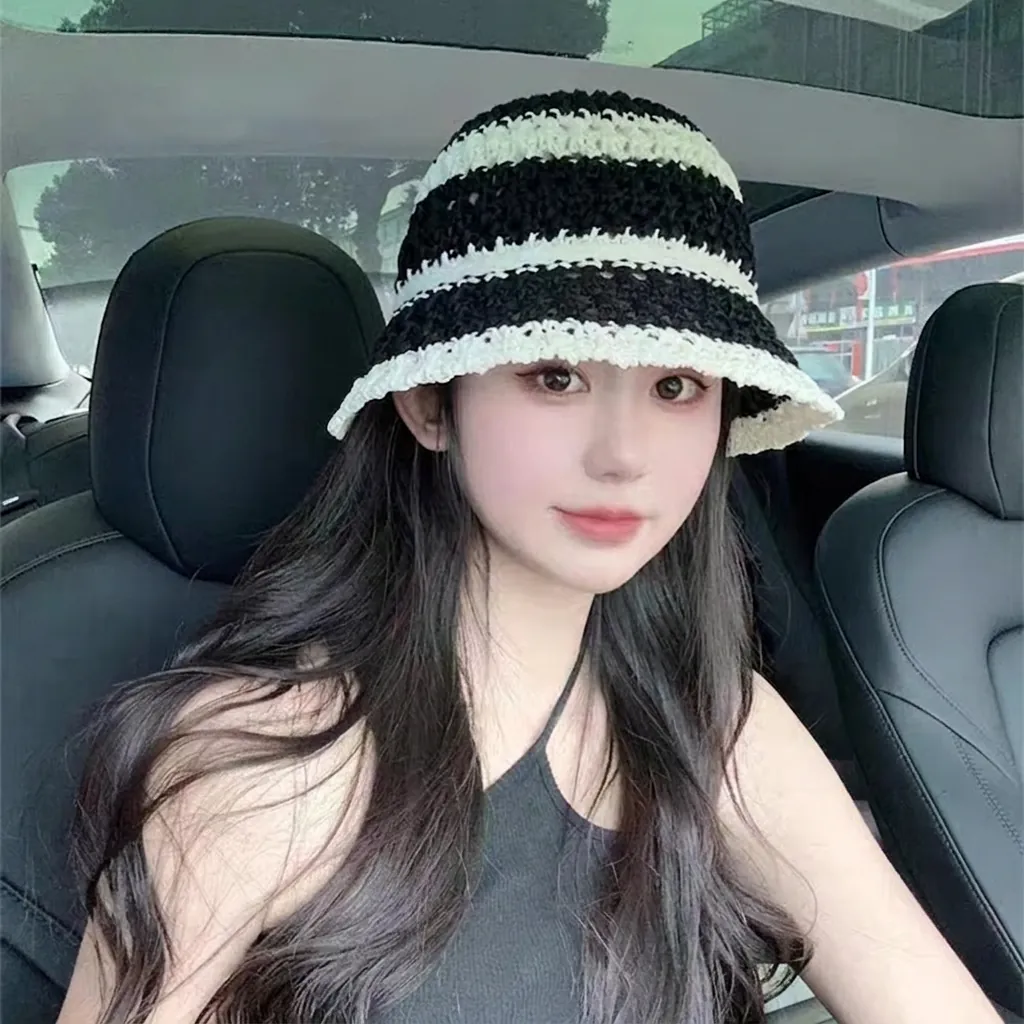 Women's Korean Style Straw Bucket Hat Summer Sun Protection Hollow Lace Paper Straw Sun Hat Foldable Fisherman Cap For Vacation