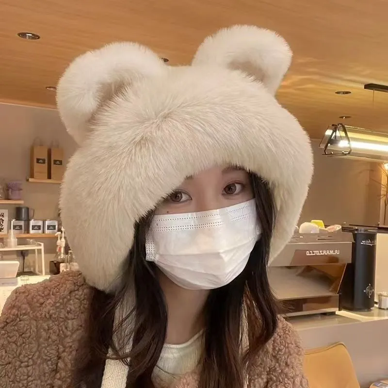 Plush Earflap Hat Faux Fur Animal Ear Knitted Winter Warm Windproof Cute Women Outerwear