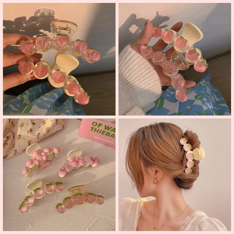 Sweet Peach Bear Hair Claw Clip Plastic Resin Large Shark Clip Hair Accessories For Women Girls Japanese Style