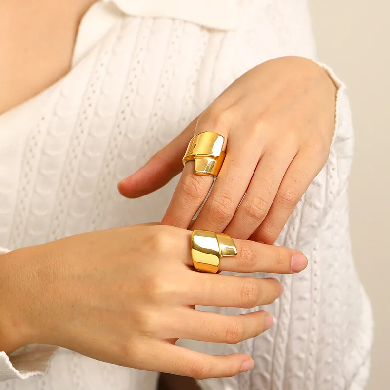 Irregular Wide Band Ring Minimalist Titanium Steel Gold Plated Geometric Design Fashion Women Finger Jewelry Gift