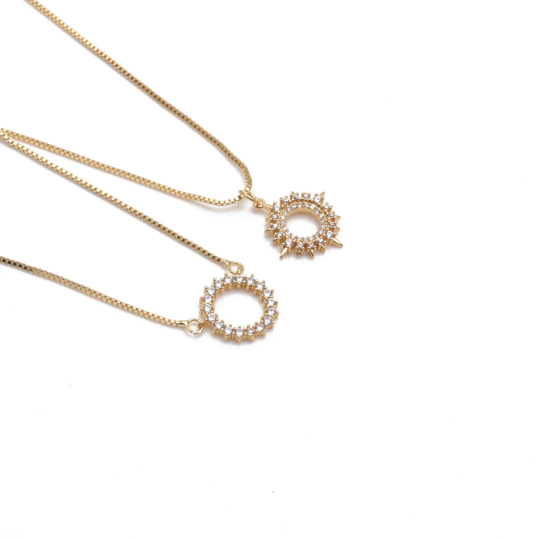 Sunburst Und Rund Anhänger Halskette Kupfer Vergoldet Mit Klarem Zirkonia Box Kette Schmuck Für Damen