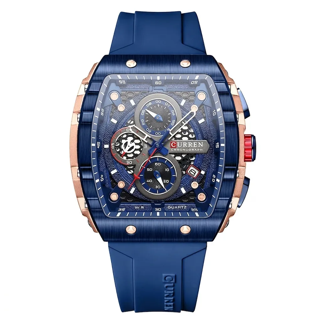 CURREN 8442 Men Quartz Watch Waterproof Chronograph Wristwatch With Silicone Strap Industrial Style Calendar Sport Fashion Watch