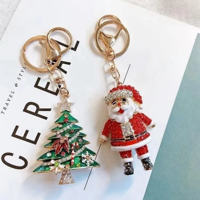 Christmas Keychain Rhinestone Zinc Alloy Santa Claus Christmas Tree Pendant Bag Charm Cute Holiday Gift