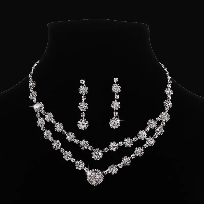 European Fashion Copper Rhinestone Flower Necklace And Earrings Elegant Wedding Party Jewelry Accessories For Women