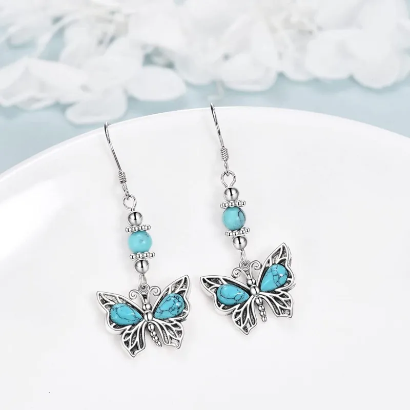 Vintage Alloy Turquoise Butterfly Dragonfly Dangle Earrings Bohemian Silver Tone Hook Earrings For Women Decorative Jewelry