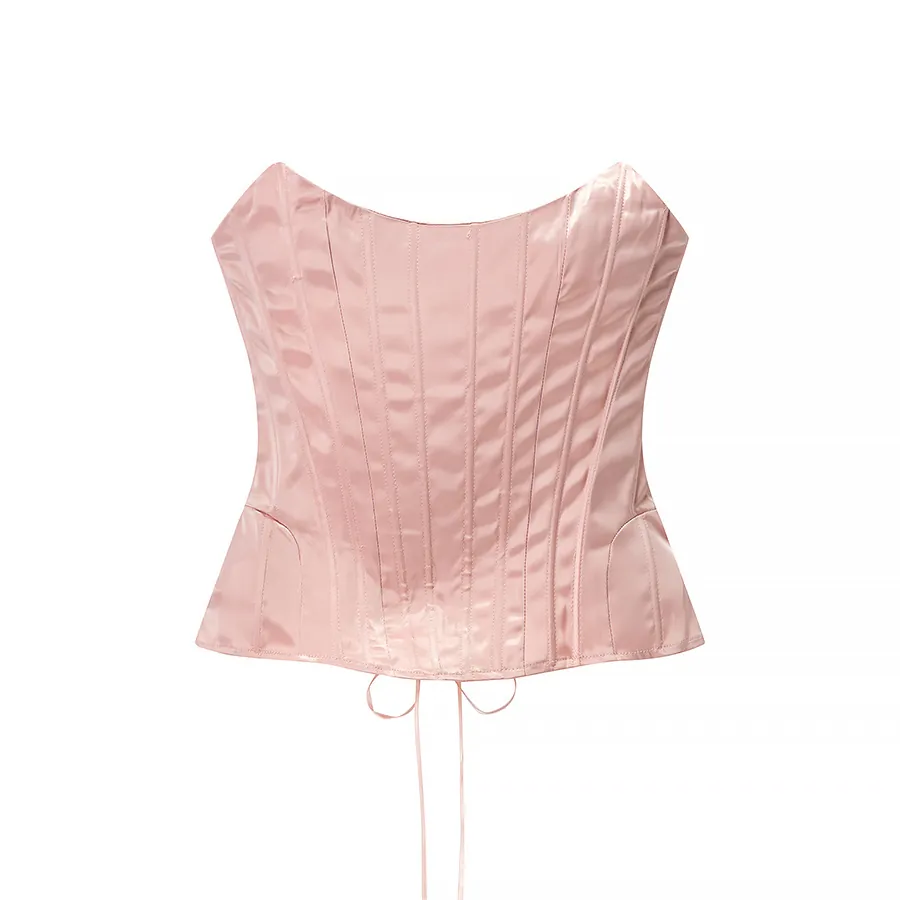 Women Sexy Satin Corset Top Pink Fishbone Bone Strapless Tube Top Lace Up Back Slim Fit Party Clubwear
