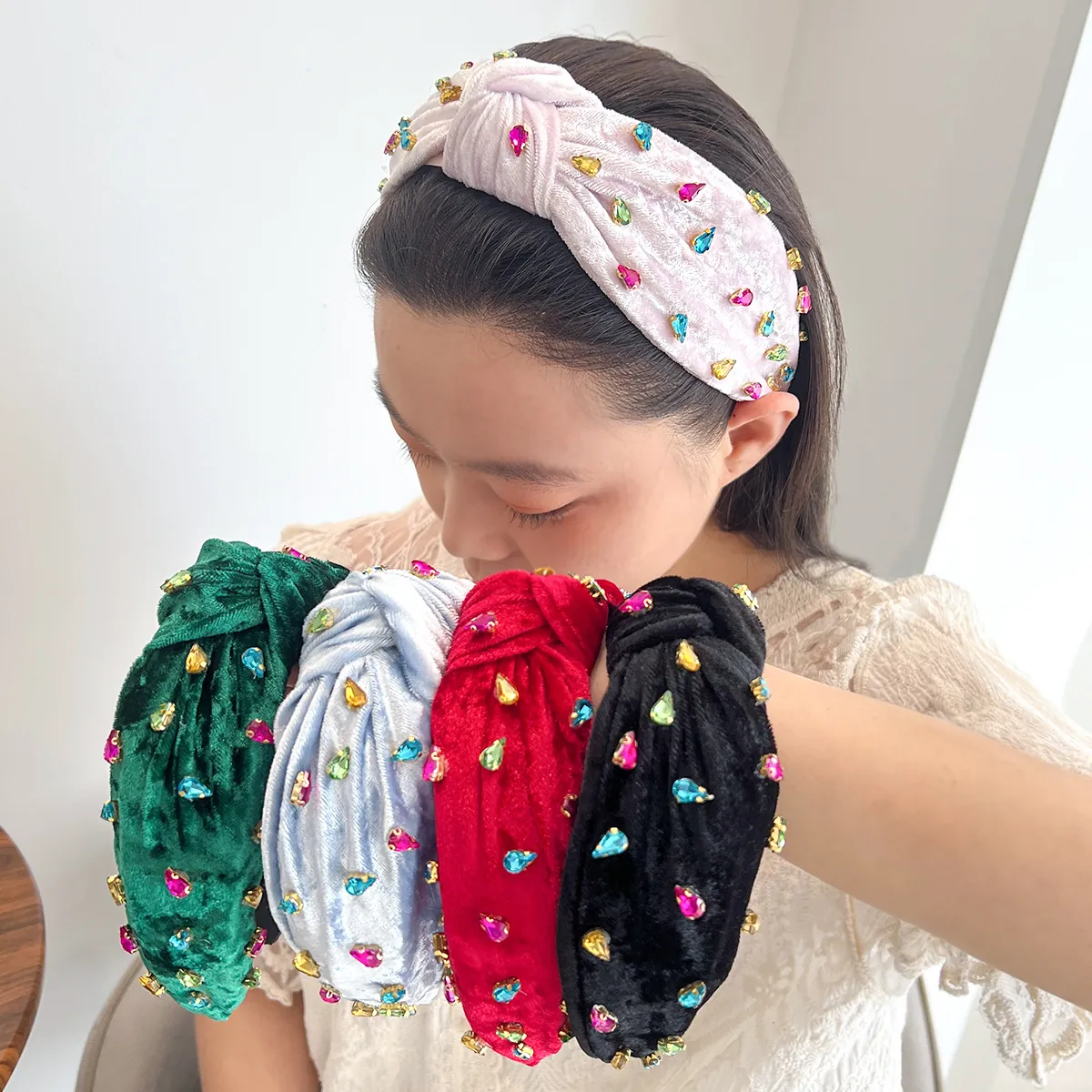 Velvet Knotted Headband Rhinestone Decorative Wide Hairband Christmas Party Accessory For Women