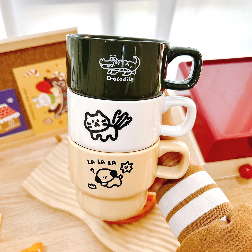 Stackable Ceramic Mugs Cute Cartoon Animal Cat Dog Crocodile Coffee Cups With Handle Minimalist Gift For Kids Couples