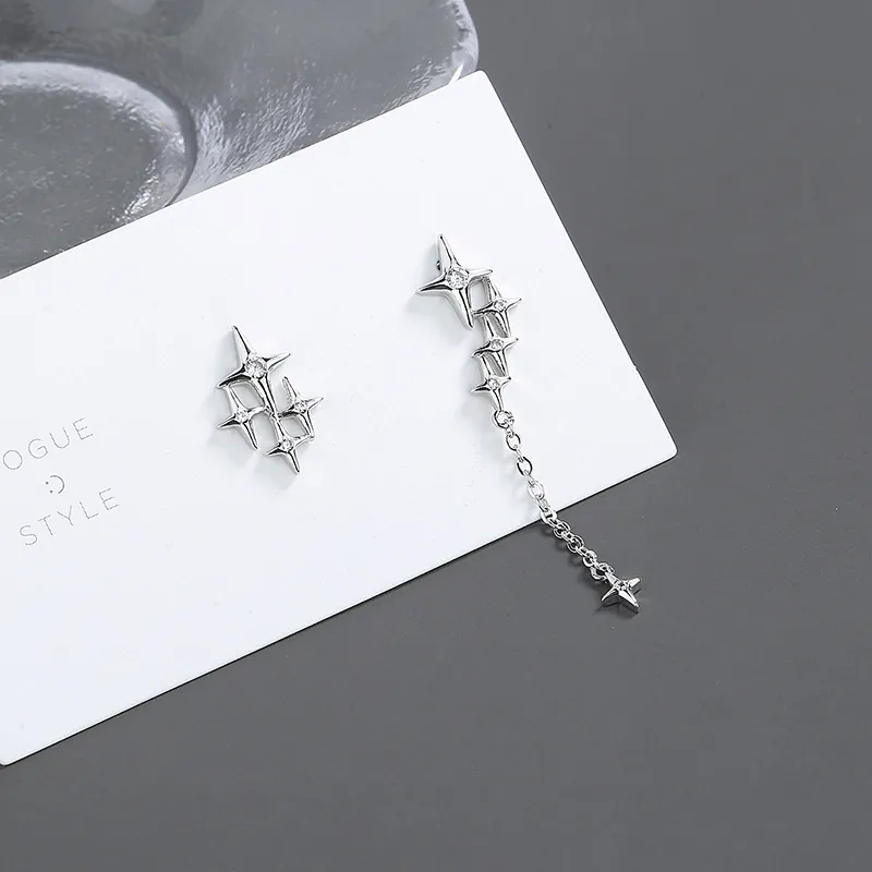 Asymmetric Four Pointed Star Tassel Drop Earrings For Women Copper Rhinestone Shiny Geometric Star Dangle Fashion Jewelry Gift