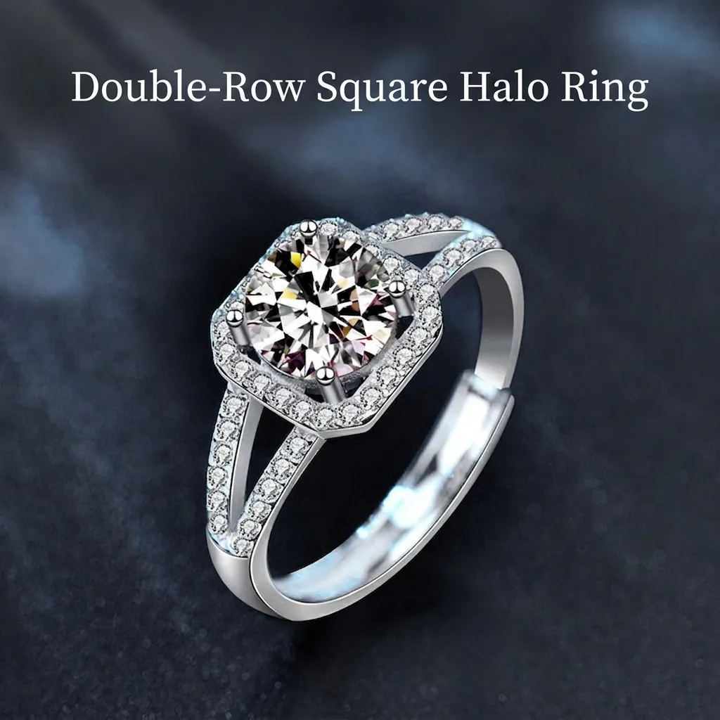 Moissanite Ring 925 Sterling Silver Square Halo Four Claw Adjustable Engagement Jewelry For Women Elegant
