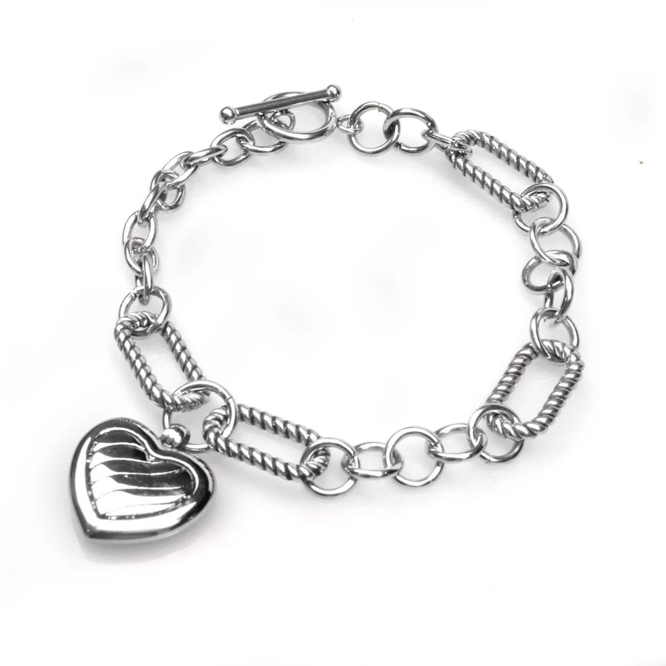 Vintage Stainless Steel Heart Pendant Bracelet For Women Twisted Cable Link Chain Toggle Clasp Two Tone Fashion Jewelry Gift